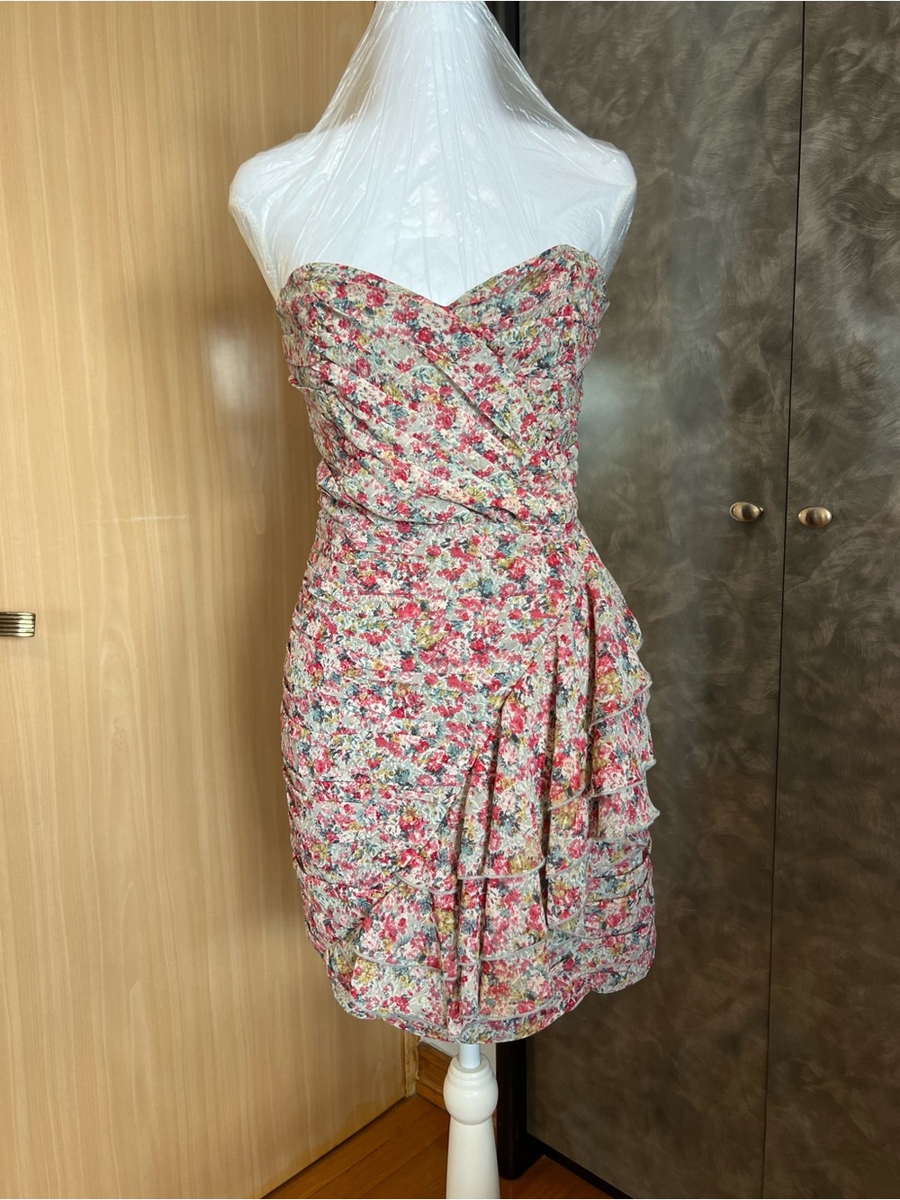 Strapless Pink Floral Ruffle Dress